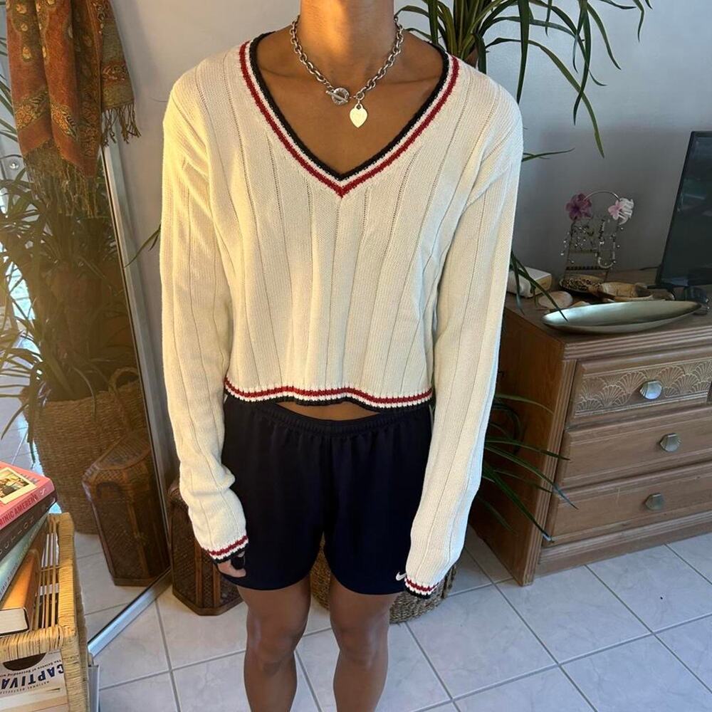 Brandy Melville Ivory Cotton Varsity V-Neck Cropped Sweater